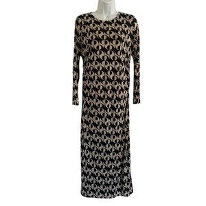 Oliver Bonas dress UK10 US 6 knit black tan graphic print maxi long sleeve lined